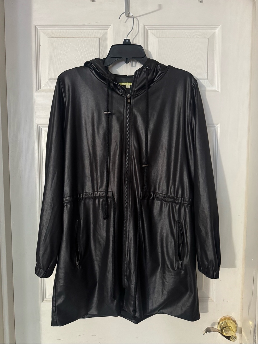 Black Faux Leather Hooded Trench Coat with Drawstring Waist